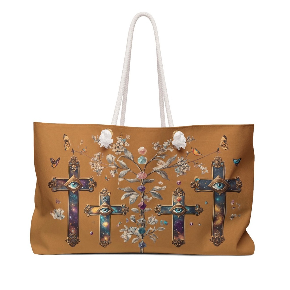 Brown Tote Bag with Floral Cross Embellishments